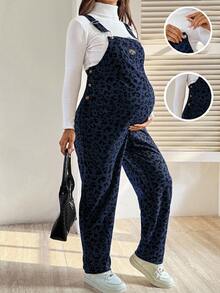 SHEIN 孕妇豹纹口袋休闲连体裤 - 藍色 - 查看 1