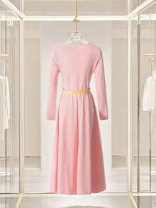 Franclia Vestido de punto elegante rosa con cintura, vestido de mujer para otoño/invierno, vestido de fiesta - Rosa - Ver 2