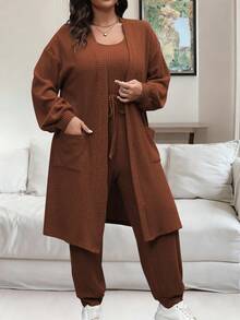 Vionelle Plus Size Solid Color Ribbed Jumpsuit And Jacket 2 Pieces Set, Casual For Everyday Wear, Autumn/Winter - Rust Brown - View 8