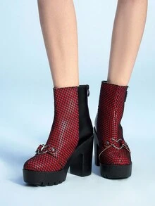 Sugerpunk Women's Gothic Round Toe Chunky Heel Platform Punk Boots, Suede & PU Patchwork, Black High Heel Boots Suitable For Party, Daily Wear, Evening Dress, Height Increasing And Leg Lengthening - Black - View 3