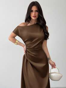 Firerie Vestido elegante asimétrico de hombro con pliegues y bajo de cola de sirena en color verde, adecuado para citas, vacaciones, bodas, eventos, regreso a la escuela, graduación, vestido de dama de honor formal