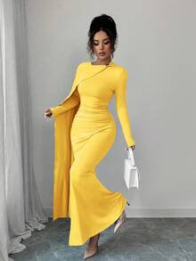 Elenzga Váy dự tiệc sinh nhật màu xanh da trời thanh lịch mùa hè mới, váy dài xếp ly eo đa năng dành cho nữ - Màu vàng - Xem 3