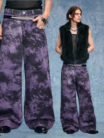 Grunge Punk Jeans décontractés à jambes larges avec imprimé tie-dye violet pour hommes
