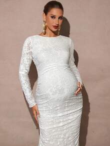 MaterniChic Elegant Textured Ruched Fishtail Hem Maternity Dress, Autumn - White - View 5