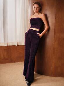 MOTF PREMIUM WOMEN'S CHENILLE STRAIGHT-LEG TROUSERS, EGGPLANT PURPLE - Purple - View 2