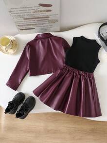 SHEIN Explorewe Tween Girls Burgundy 3‑Piece Leather Outfit, Collared Short Jacket, Knit Top Pleated Skirt, Fashion Outfit For School Autumn Casual Cute Sunset Soiree - Purple - View 4