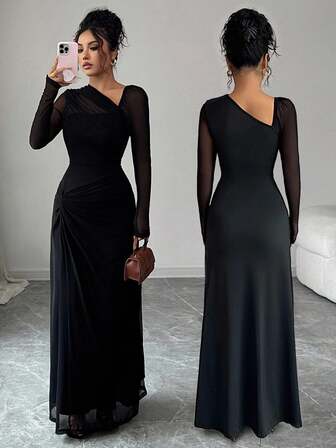 Rafferiza Höst/vinter Ny sexig mesh-lapptäcke med sneda axlar, rynkad bodycon-klänning med långa ärmar, knuten midja, elegant klänning för fest, dejt, semester, högtidsevenemang, jul, halloween