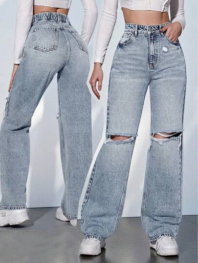 SHEIN ICON Jeans casuales de vacaciones de talla grande para mujer, denim azul desgastado y desteñido, de corte holgado