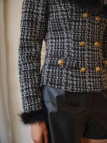 Glamine 女式黑色仿皮草镶边拼接斜肩双排扣夹克，秋冬 - 黑色 - 查看 4