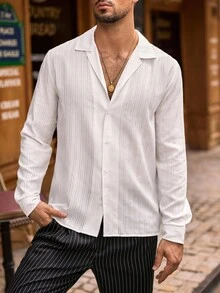 Manfinity VCAY 男士休闲商务假日复古翻领条纹白色长袖衬衫，白色优雅衬衫，轻薄夏季衬衫，秋季 - 白色 - 查看 8