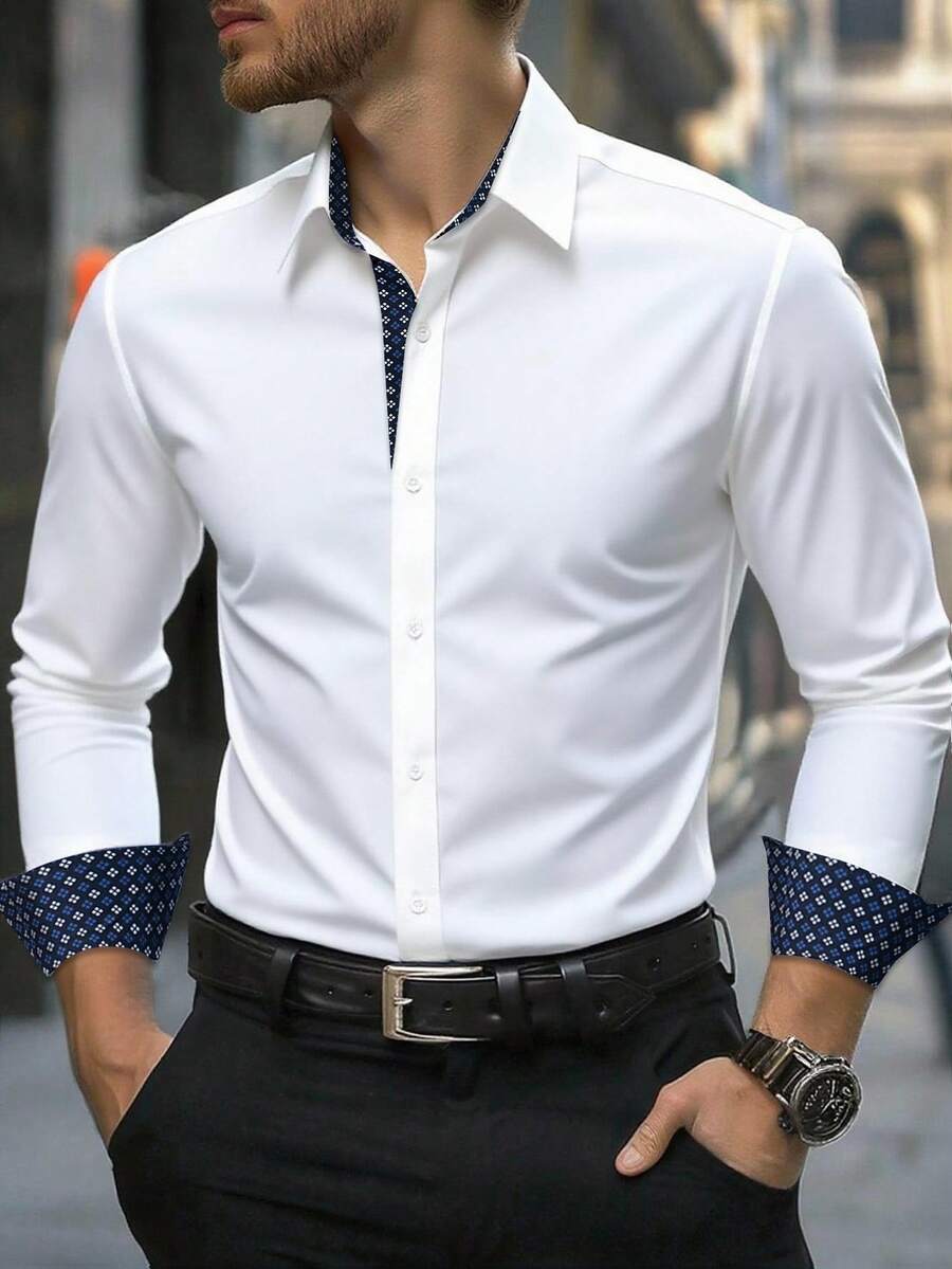 Manfinity Mode 男士休闲商务通勤印花拼接长袖衬衫白色正装衬衫设计师衬衫正装衬衫时尚衬衫商务休闲衬衫，秋季，老钱风格 - 白色 - 查看 1