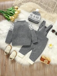 SHEIN 3 pezzi Set casual vintage per bambini: giacca a maniche lunghe con collo rotondo + tutina in maglia con bavaglino + cappello carino, outfit minimalista alla moda, autunno/inverno - Grigio - Visualizzare 2