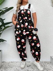 EMERY ROSE Plus Size Women Santa Claus Print Pocket Casual Jumpsuit - Multicolor - View 7
