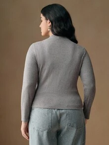 Anewsta Camiseta de manga larga ajustada con perlas elegantes, talla grande, otoño - Gris - Ver 3