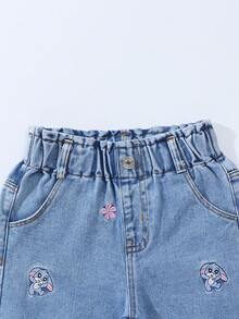 SHEIN ChillGRL Young Girl's Casual Straight Leg Jeans With Rabbit Print, Fashion Streetwear Suitable For School And Daily Wear. Adorable Rabbit Print In Blue And Purple, Ruffle Waistband Design, Relaxed Fit Light Blue Washed Denim. Elastic Waistband Provides Comfort, Suitable For Everyday Outings, Vacation, Campus Life And Hanging Out With Friends. - Blue - View 3