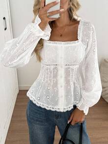 Easowa Square Collar, Frill Trim, Puff Sleeve, Lace Patchwork, Waist Cinched A-Line Blouse, Embroidery, Jacquard Texture Fabric, Casual Relaxed Elegant Office Lady Style Women Blouse Casual For Women Autumn For Women White Top - White - View 1