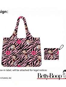 Betty Boop | ROMWE Large Capacity Foldable Tote Bag With Coin Pouch, Portable Shopping Bag - Rose purple - View 9