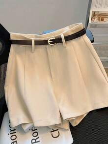 Franclia 休闲通勤时尚高腰腰带环卡其色纯色短裤女式夏季新款 - 卡其色 - 查看 3