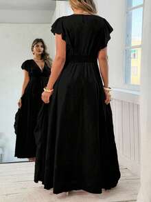 Vionelle Plus Size Elegant Solid Color Ruffle V-Neck Spring/Summer Pleated Dress - Black - View 3