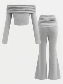 SHEIN 青少年女孩 2 件纯色浅灰色春秋露肩长袖短款上衣和喇叭裤休闲套装，适合日常穿着，适合返校