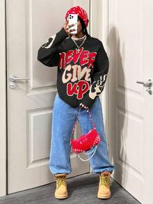 BamGleam Suéter de Tricô Casual Solto Feminino com Bloco de Cores, Inverno - Preto - Visão 6