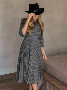 Vivie Lora Women's Elegant Plaid Round Neck Pleated Mid-Length Dress, Suitable For Commuting Dress - Grey - View 6