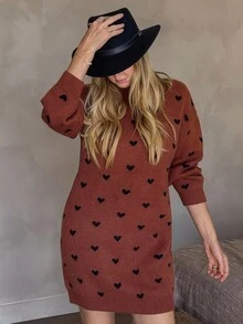 Vivie Lora Women's Loose Heart All-Over Print Knee-Length Sweater Dress - Orange - View 4