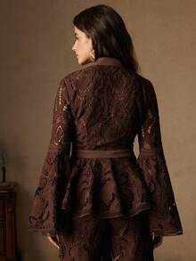 Anewsta Romantic Elegant Hollow Rose Floral Flare Sleeve V-Neck Women Jacket - Coffee Brown - View 2