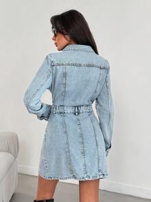 EURMUSE Women's Long Sleeve Cinched Waist MINI DRESS BLUE STYLE CASUAL - Medium Wash - View 3
