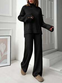 EURMUSE Mock Neck Knitted Pullover Hunky Knit Tunic Sweater Set - Black - View 5