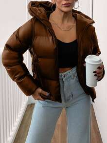 EURMUSE Women's Solid Color Long Sleeve Zipper Front Casual Hooded Winter Jacket - Brown - View 3