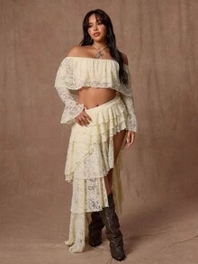 Rustia Bộ 2 món áo trễ vai cổ bèo nhún lãng mạn cỡ lớn và chân váy nhún bèo - Màu be - Xem 4