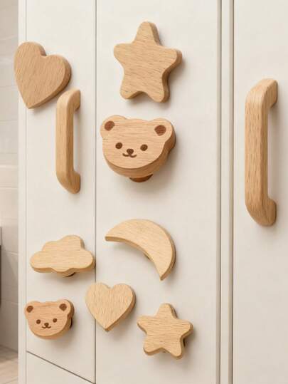 Hermosos tiradores de muebles de madera con forma de corazón, luna, estrella y nube, ideales para decorar gabinetes y cajones en habitaciones infantiles
