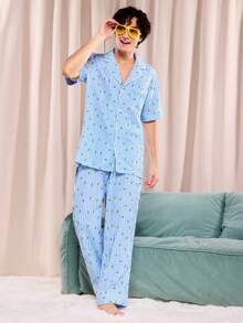 Notgurli 淘气女孩舒适泡泡纱格子领前饰短袖短裤男士睡衣套装，优质舒适别致秋季 - 藍白色 - 查看 5