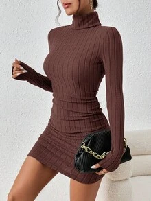 SHEIN Frenchy 纯色高领罗纹褶皱长袖连衣裙 - 咖啡 - 查看 5