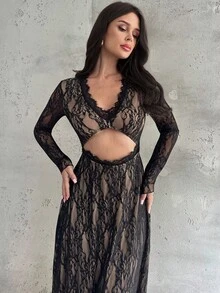 Firerie 女式性感深 V 领长袖蕾丝花边长裙、性感蕾丝连衣裙、高领露背蕾丝连衣裙、腰部 A 字蕾丝连衣裙、复古哥特式蕾丝连衣裙，适合婚礼、正式场合、春/秋/冬、优雅、工作、约会、派对、毕业、表演、周年纪念、生日 - 黑色 - 查看 6