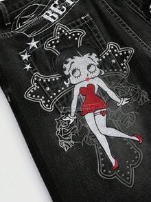 Betty Boop | ROMWE Quần jean ống đứng dáng rộng siêu dài Y2K thêu họa tiết thánh giá và hoa hồng Gothic màu bạc - màu đen - Xem 9