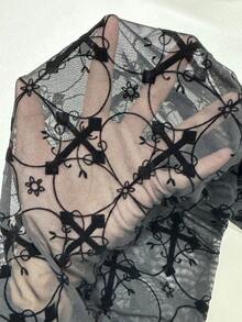 StreetHx 女式街头风弹力网眼透视紧身裤，暗黑朋克风格黑色喇叭裤，秋冬 - 黑色 - 查看 7