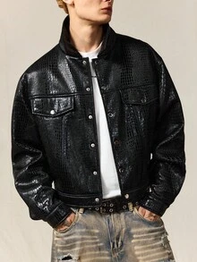 ROMWE MEN Casual Men's Autumn Faux Crocodile Texture Single-Breasted Loose Fit Long Sleeve Jacket - Black - View 5