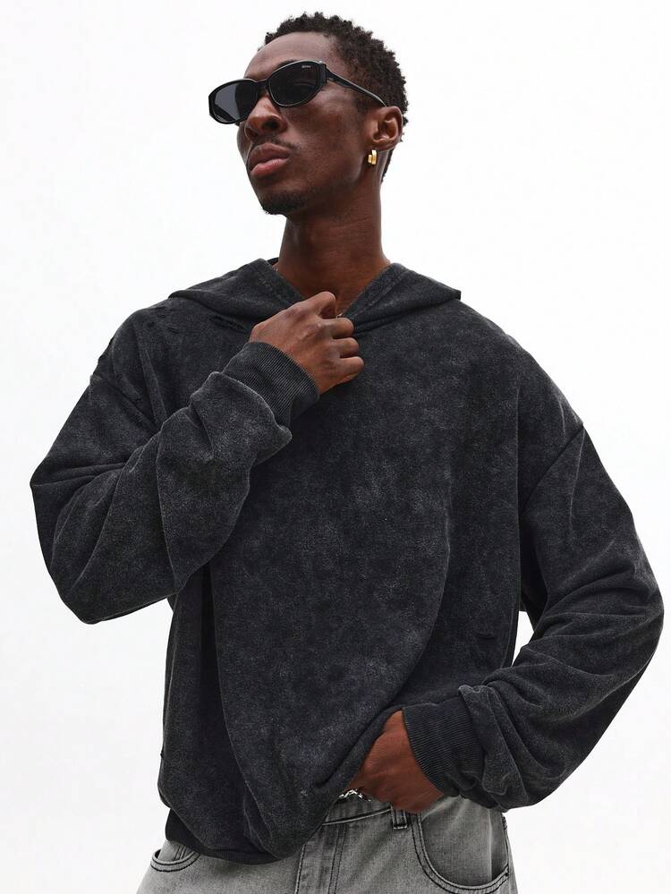 Acid Wash Oversized Pullover Hoodie With Plush Fleece