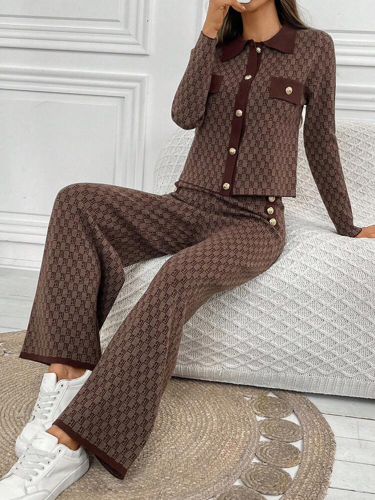 Women's Vintage Fashion All-Over Pattern Button-Up Cardigan And Straight Leg Knit Pants 2 Pieces Set, Autumn