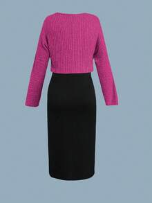 Flirla Plus Size Autumn/Winter Ribbed Asymmetric Design Top + Spaghetti Strap Pleated Split Contrast Color Dress 2 Pieces Set - Multicolor - View 2