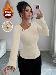 Elenzga 新款女式斜领长袖罗纹拉绒装饰纽扣腰部褶皱设计休闲百搭青春优雅T恤，秋冬 - 杏色 - 查看 1