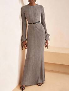 Zivah 2025秋季新款音乐节毕业季休闲针织连衣裙，优雅喇叭袖，温暖柔软，适合日常、海滩、度假，棕色 - 棕色 - 查看 5