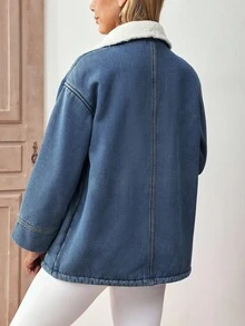 EMERY ROSE 女士休闲牛仔夹克，带保暖衬里，大翻领，单排扣，长袖，适合秋冬季 - 淺色水洗藍 - 查看 2