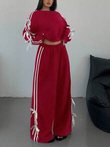 POPSWAY Set de 2 sudaderas casuales negras con parches, rayas y moño decorativo, tallas grandes, para otoño - Rojo - Ver 1