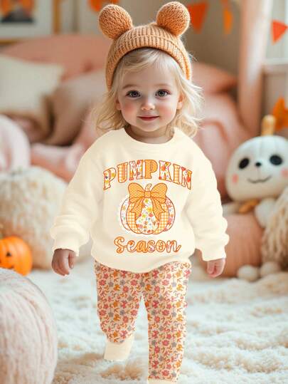 SHEIN Happikins Apricot, Cute Halloween Pumpkin Polka Dot Bow Lace Floral Pattern, Pumpkin Season, Halloween Pumpkin, Fall Vibes, Baby Girl Casual Soft Thick Crew Neck Long Sleeve Sweatshirt And Leggings Set, Suitable For Autumn/Winter, Autumn Outfits For Outing, Easy Comfort, Autumn Layers For Baby & Girls, Stylish Baby Girl, Casual Wear, Baby Girl Graphic Clothes, Fall Clothes