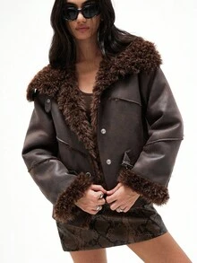 Aveloria GENKIRA Jaqueta de Pele Sintética Feminina Cáqui Nova de Outono/Inverno, Jaqueta Bomber Forrada de Pele Metalizada de Alta Qualidade, Jaqueta Feminina Versátil e da Moda com Cinto Decorativo de Cabelo Encaracolado e Parche no Olho - Café - Visão 6