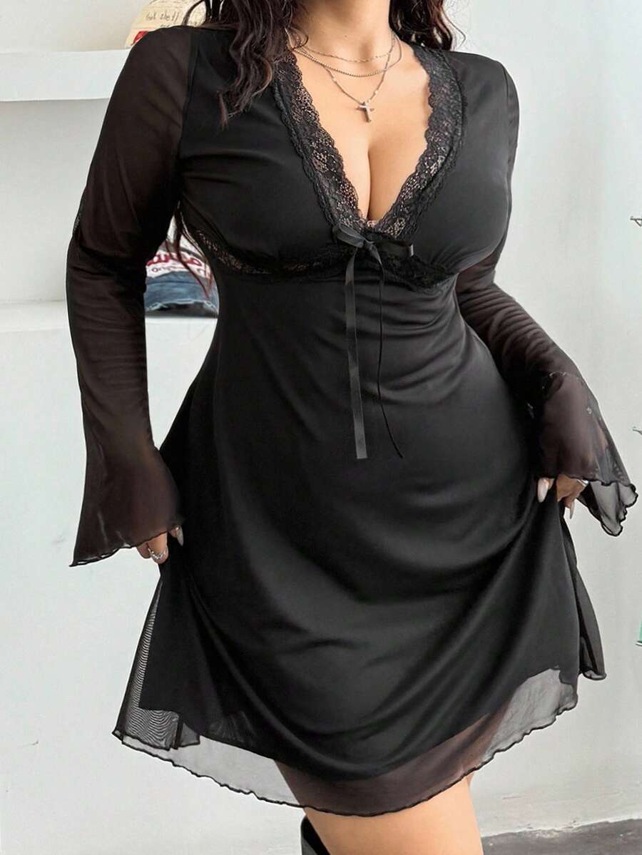 大码黑色 V 领蝴蝶结网眼连衣裙 - 黑色 - 查看 1