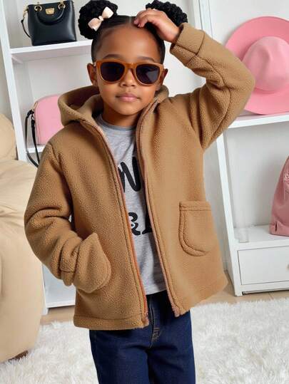 SHEIN Young Girls Brown Hooded Zipper Long Sleeve Pockets Furry Jacket, Comfortable Children Outerwear, Casual Daily Cute Young Girl Versatile
